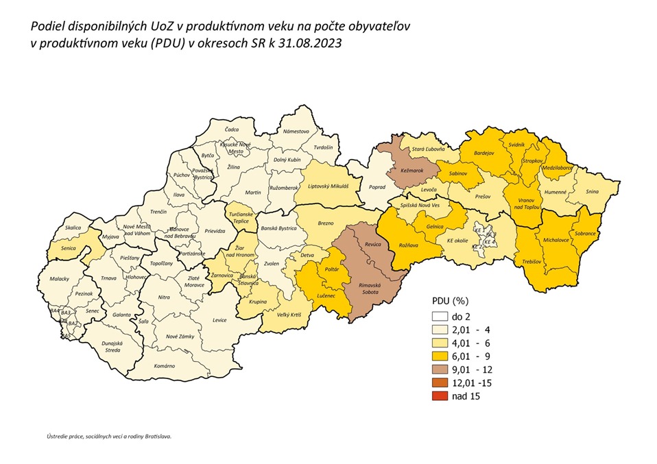 Безработица в Словакии по округам в сентябре 2023 года. Данные министерства труда