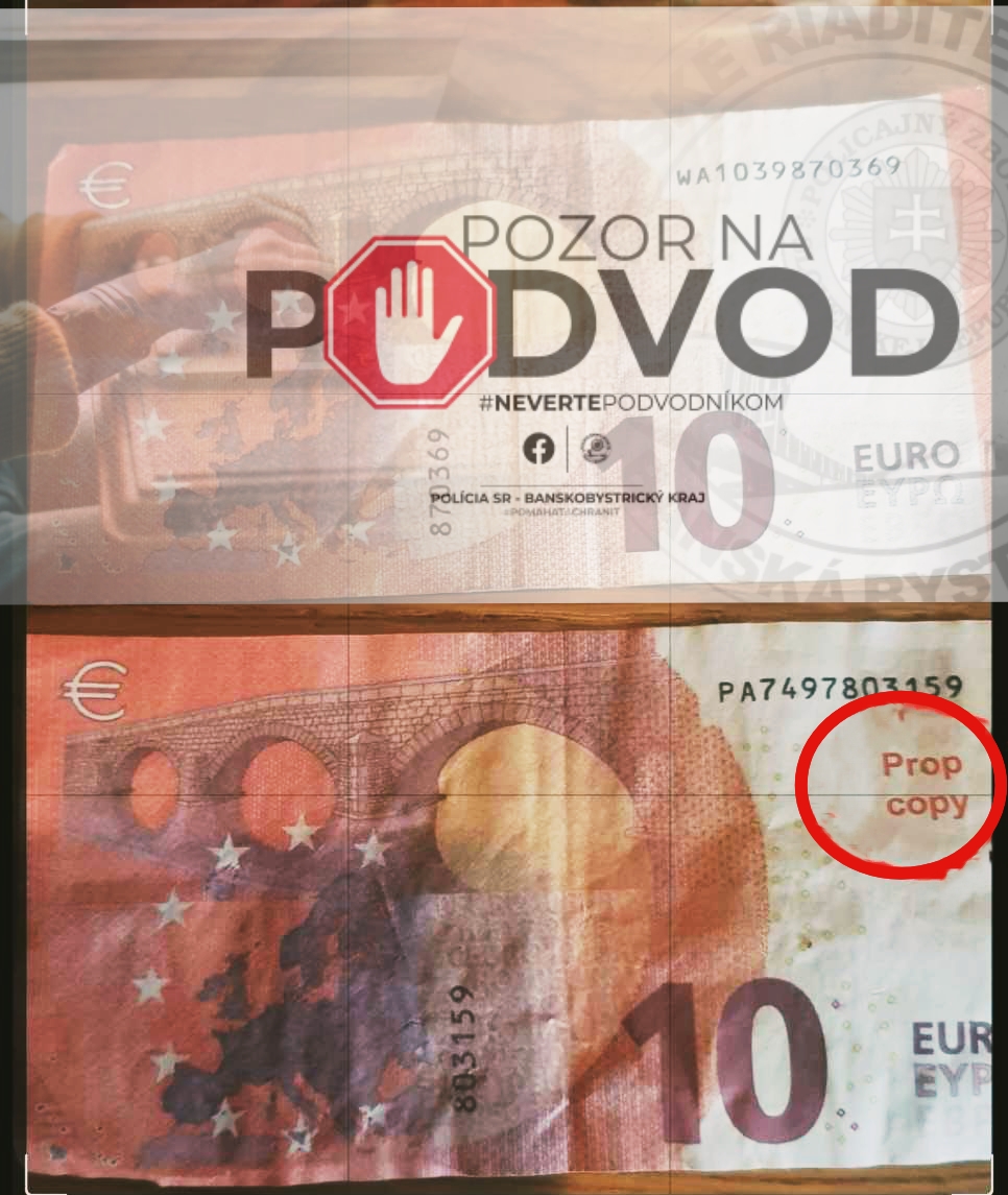 Фальшивые купюры номиналом 10 евро. Фото полиции Банскобистрицкого края