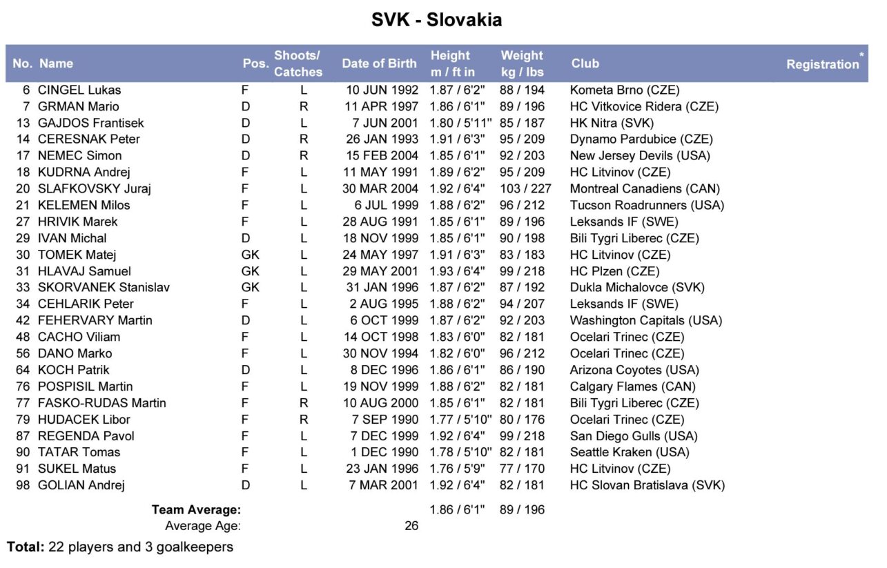 Окончательный состав сборной Словакии на чемпионате мира 2024 года по хоккею. Источник IIHF