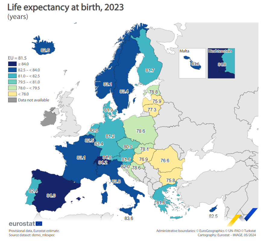 Средняя ожидаемая продолжительность жизни в странах Евросоюза в 2023 году. Данные Евростата