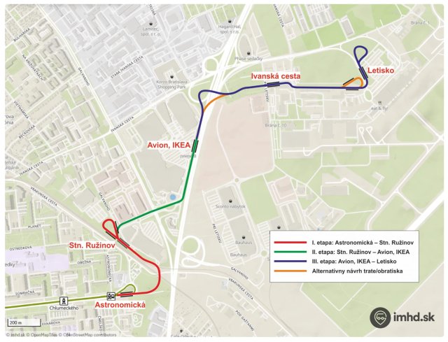 Схема планируемой трамвайной линии из Ружинова до аэропорта Братиславы. Источник: imhd.sk