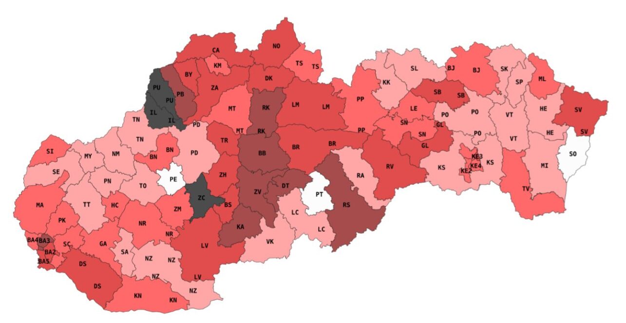 Заболеваемость коклюшем по округам Словакии по состоянию на конец февраля 2025 года. Данные ÚVZ (более тёмный цвет означает более высокий уровень заболеваемости)