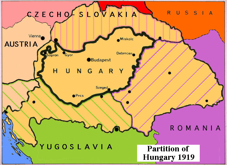 Схема раздела Венгрии по итогам Трианонского мира. Части территории, поделены между Чехословакией, Румынией, Югославией и Австрией