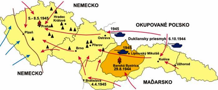 Карта боёв за освобождение Словакии и Чехии в 1944 - 1945 годах
