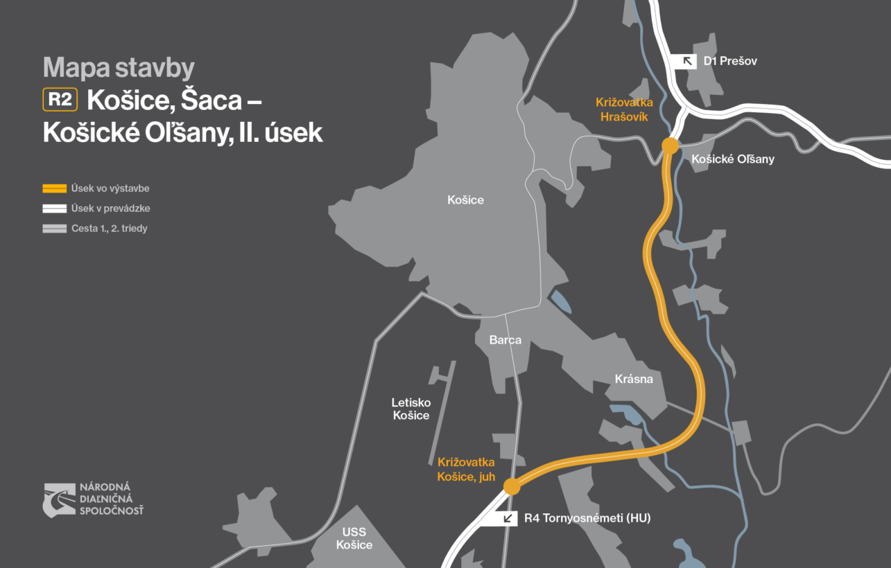 Схема скоростной автомагистрали R2, идущей в объезд Кошице. Источник: NDS