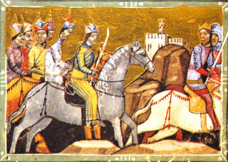 Бела IV бежит от монгольского войска в битве на реке Шайо (Chronicon Pictum). Источник: Wikimedia