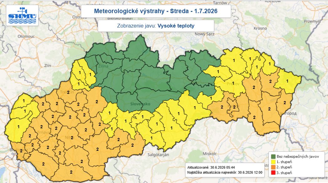 Уровни метеорологической опасности из-за высокой температуры воздуха в Словакии 1 июля 2026 года. Источник: Словацкий гидрометеорологический институт (SHMÚ)