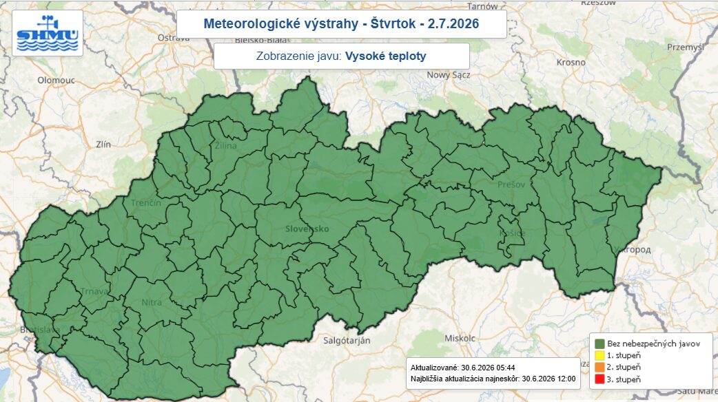 Уровни метеорологической опасности из-за высокой температуры воздуха в Словакии 1 июля 2026 года. Источник: Словацкий гидрометеорологический институт (SHMÚ)