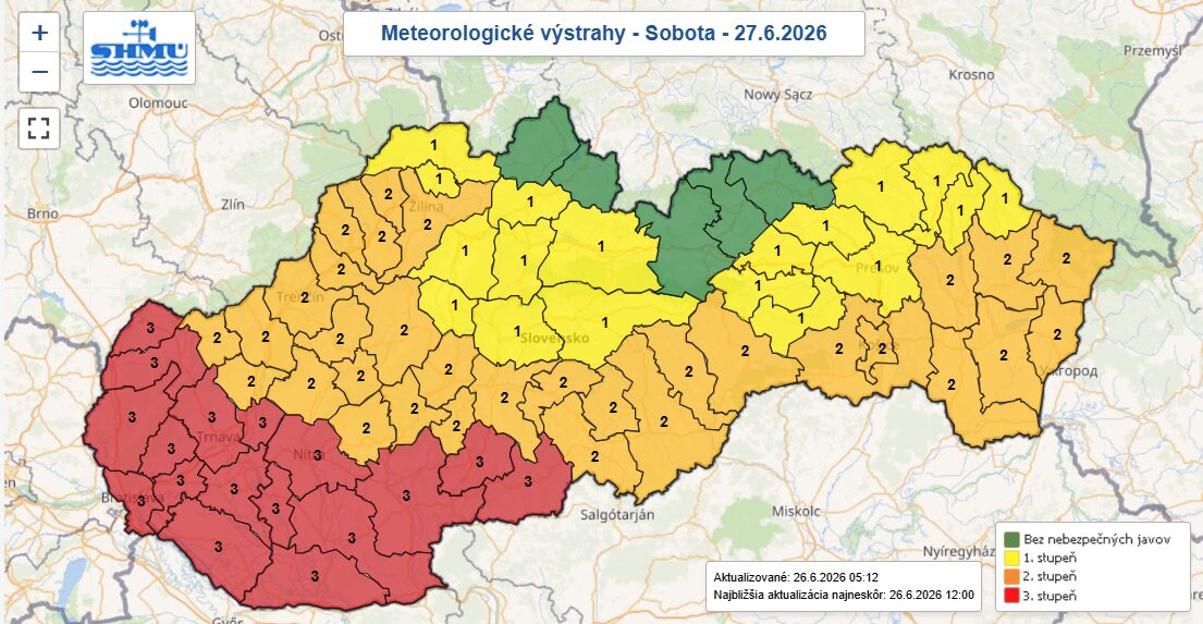 Уровни метеорологической опасности из-за жары в Словакии 27 июня 2026 года. Источник: Словацкий гидрометеорологический институт (SHMÚ)
