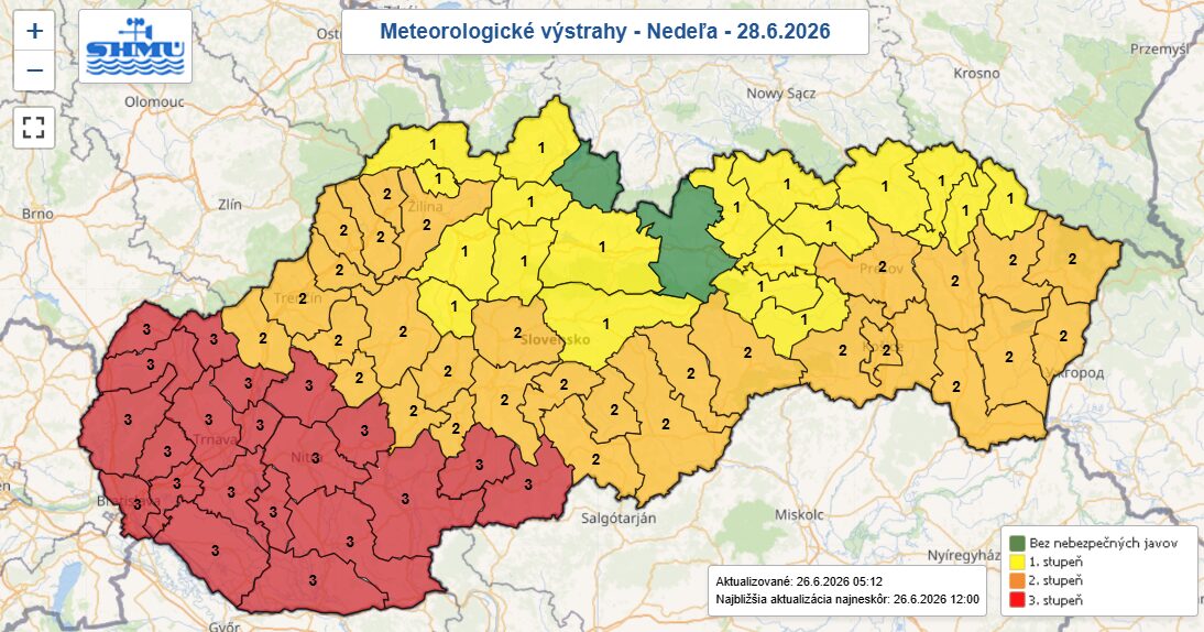 Уровни метеорологической опасности из-за жары в Словакии 28 июня 2026 года. Источник: Словацкий гидрометеорологический институт (SHMÚ)