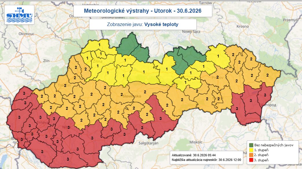 Уровни метеорологической опасности из-за высокой температуры воздуха в Словакии 30 июня 2026 года. Источник: Словацкий гидрометеорологический институт (SHMÚ)