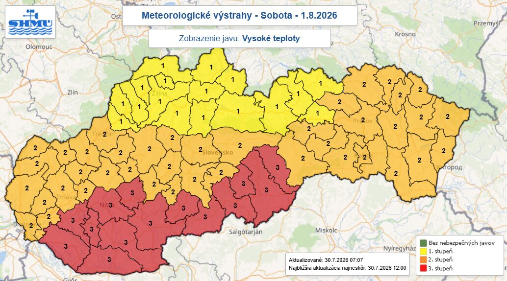 Уровни метеорологической опасности в Словакии 1 августа 2026 года. Источник: Словацкий гидрометеорологический институт (SHMÚ)
