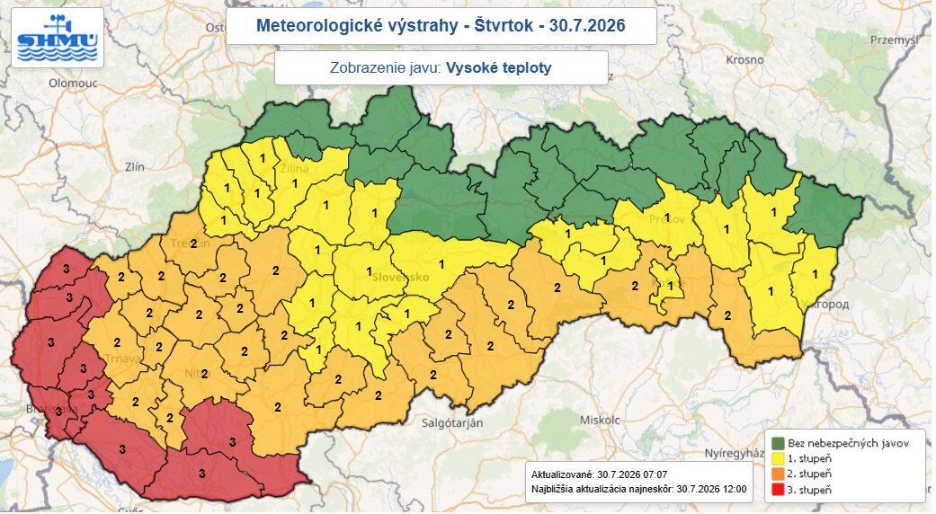 Уровни метеорологической опасности в Словакии 30 июля 2026 года. Источник: Словацкий гидрометеорологический институт (SHMÚ)