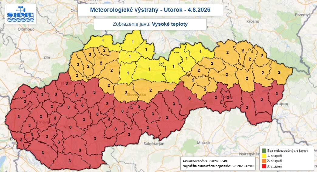 Уровни метеорологической опасности в Словакии 4 августа 2026 года. Источник: Словацкий гидрометеорологический институт (SHMÚ)