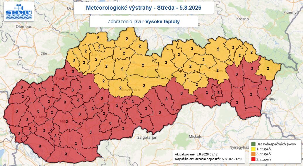 Уровни метеорологической опасности в Словакии 5 августа 2026 года. Источник: Словацкий гидрометеорологический институт (SHMÚ)