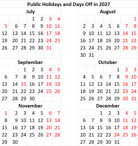 Public holidays and days off in Slovakia, July–December 2027